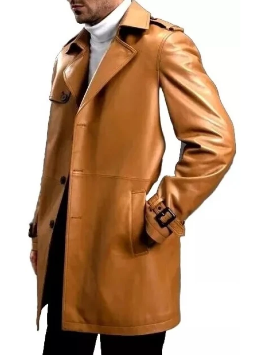 Belted Cognac Leather Car Coat