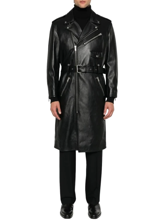 Biker Style Black Leather Long Trenchcoat