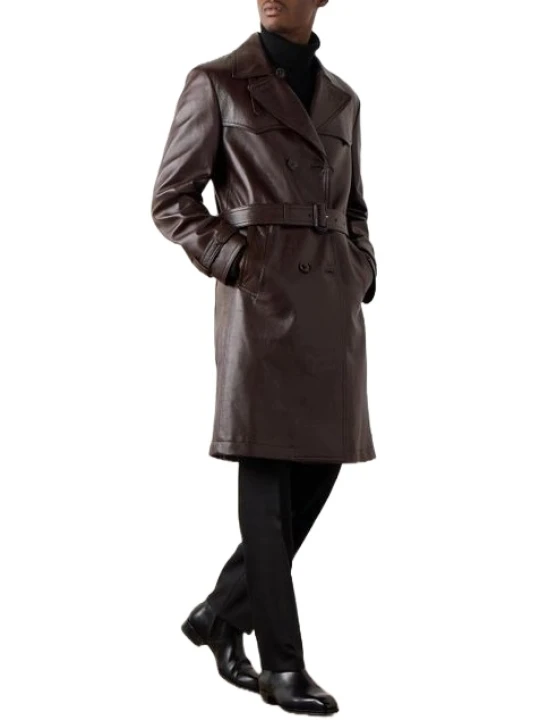 Brown Double Breasted Leather Trench Coat