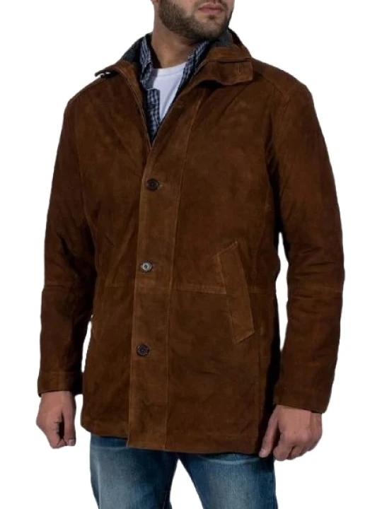 Brown Suede Mid Length Leather Coat