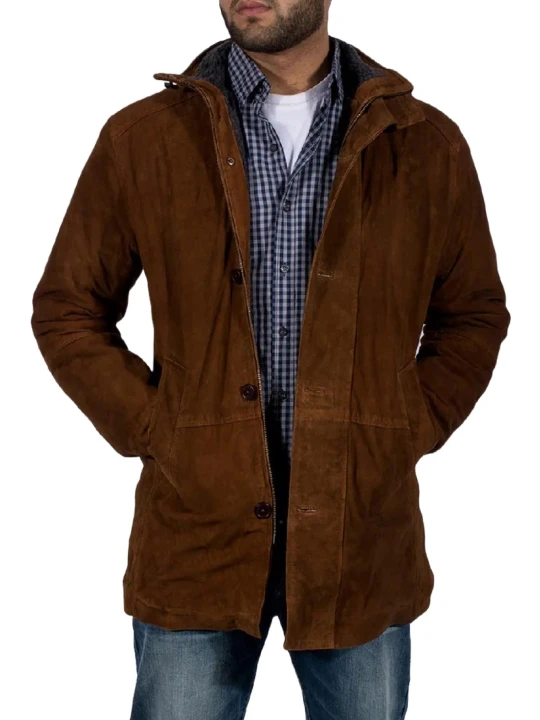 Brown Suede Mid Length Leather Coat