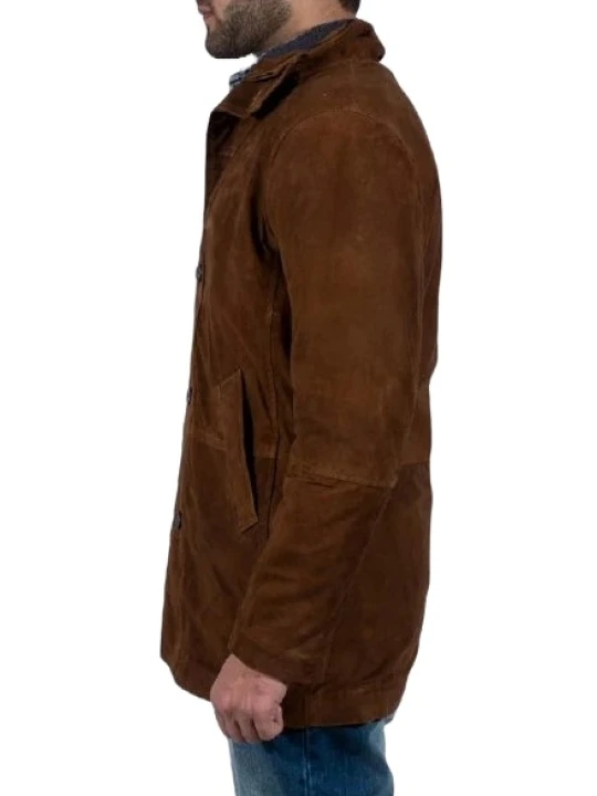 Brown Suede Mid Length Leather Coat