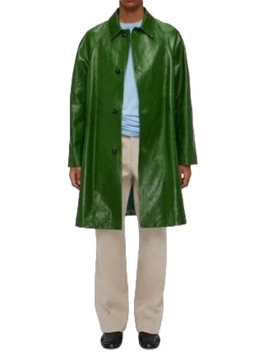 Button Closure Green Leather Car Coat