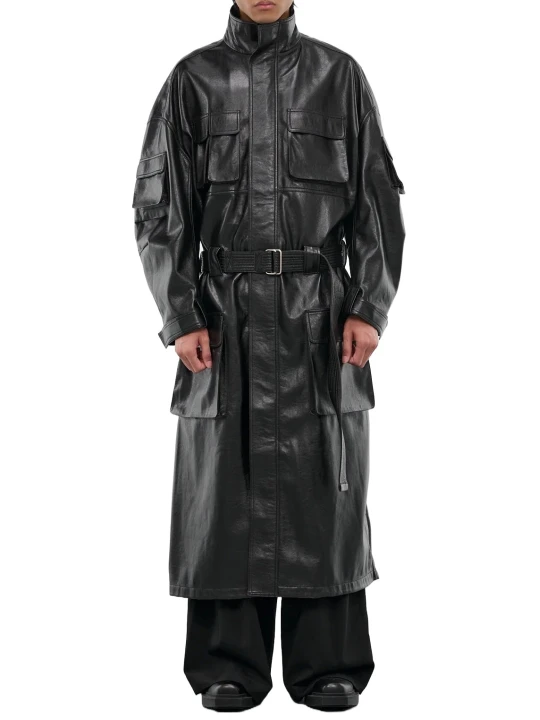 Cargo Black Leather Trench Coat