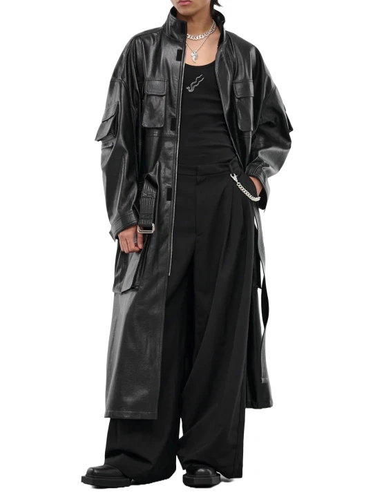 Cargo Black Leather Trench Coat
