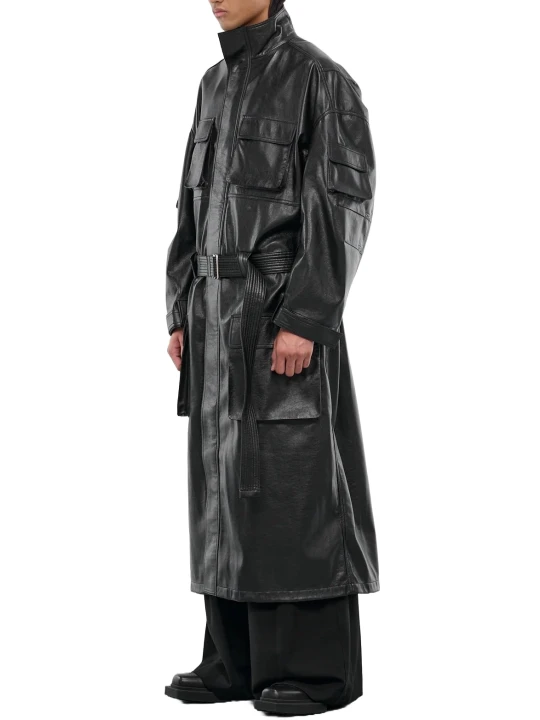 Cargo Black Leather Trench Coat