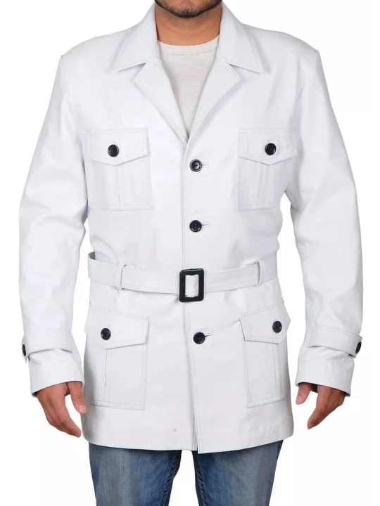 Contrast Black Buttons White Leather Long Coat