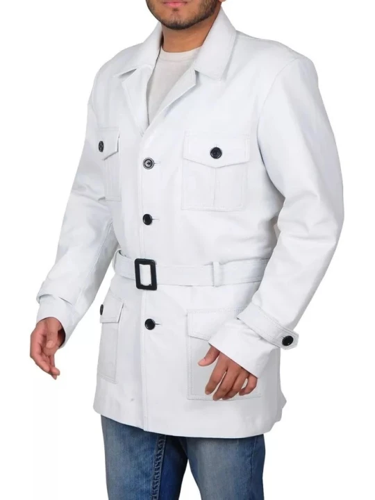 Contrast Black Buttons White Leather Long Coat