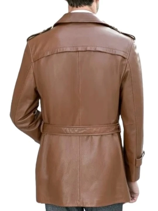 Hidden Button Closure Brown Leather Car Coat