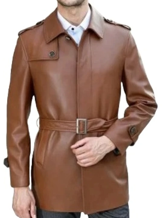 Hidden Button Closure Brown Leather Car Coat