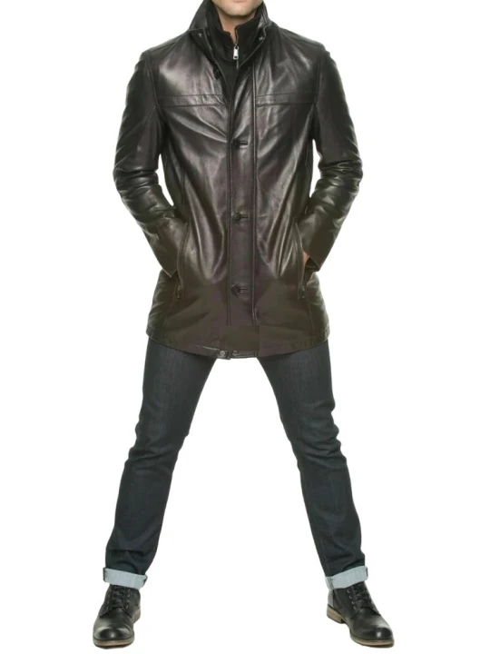 High Neck Dark Brown Leather Winter Coat