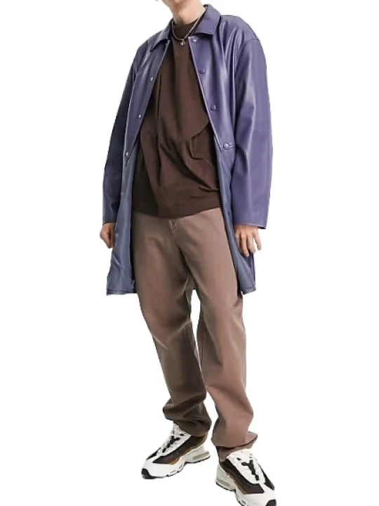Leather Car Coat In Navy Blue