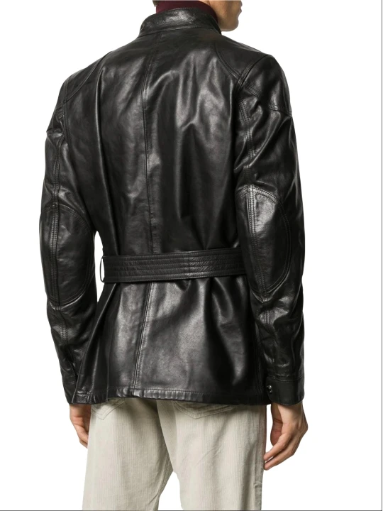 Men Belted High Collar Real Sheepskin Black Leather Coat