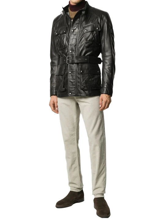 Men Belted High Collar Real Sheepskin Black Leather Coat