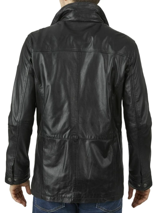 Men Classic Look Real Sheepskin Black Leather Long Coat