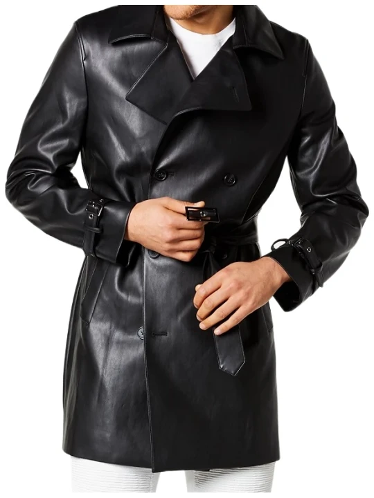 Men classy Style Real Sheepskin Black Leather Long Trench Coat