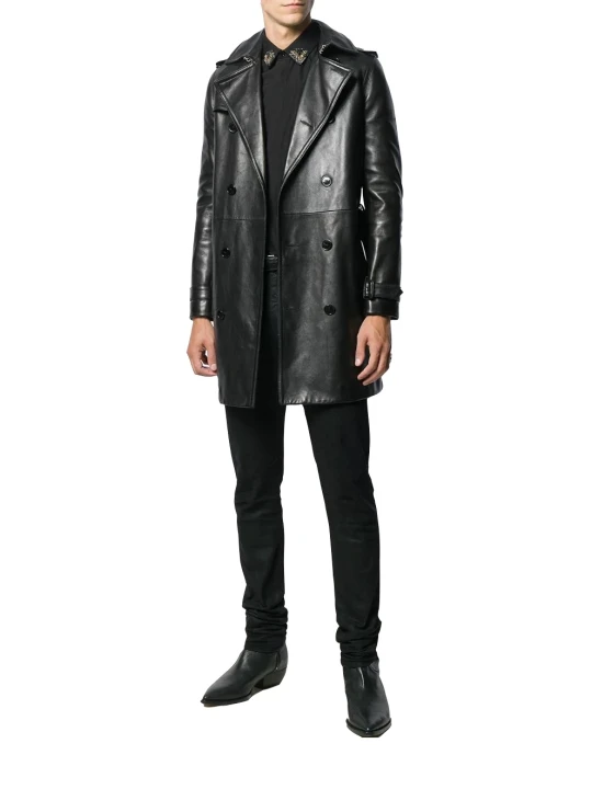 Men Double Breasted Real Sheepskin Black Leather Coat
