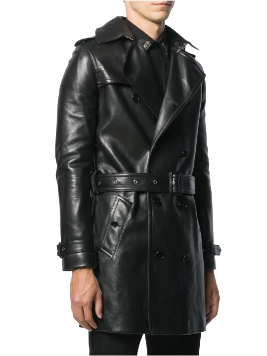 Men Double Breasted Real Sheepskin Black Leather Coat