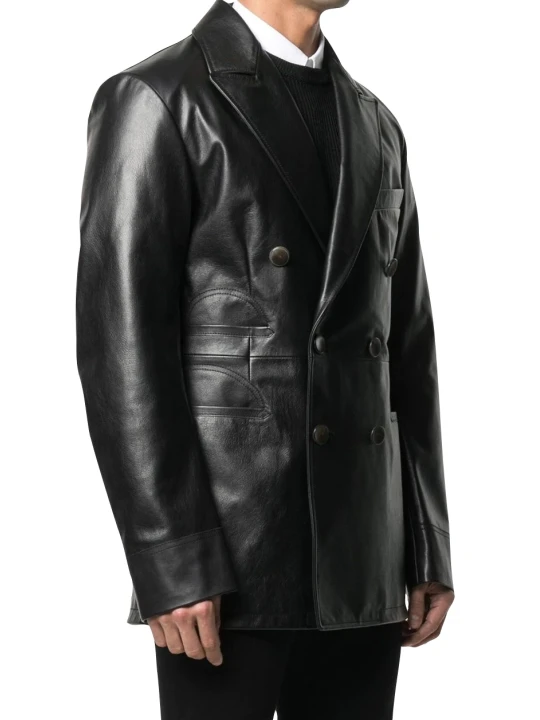 Men Elegant Style Real Sheepskin Black Leather Coat