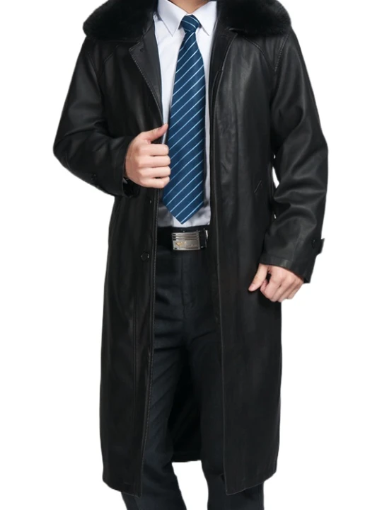 Men Fur Collar Real Sheepskin Black Leather Long Trench Coat