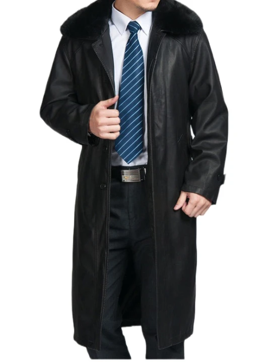 Men Fur Collar Real Sheepskin Black Leather Long Trench Coat