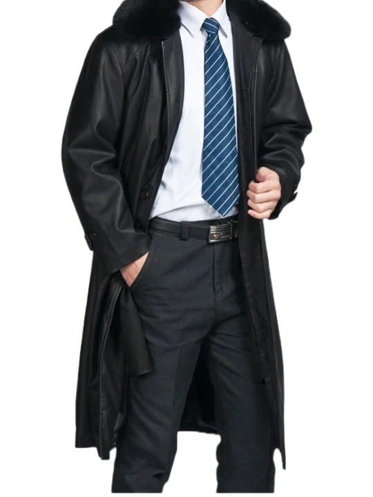 Men Fur Collar Real Sheepskin Black Leather Long Trench Coat