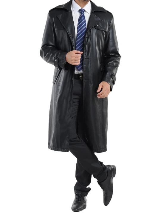 Men High Fashion Real Sheepskin Black Leather Long Trench Coat