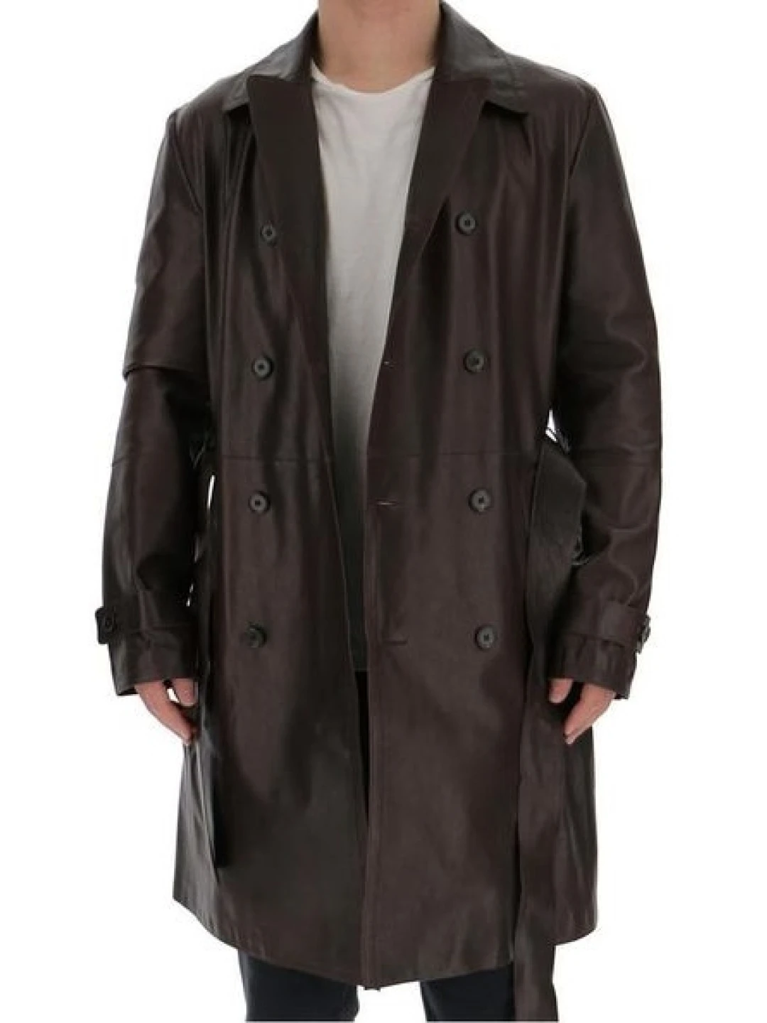 Men Real Sheepskin Dark Brown Leather Long Trench Coat