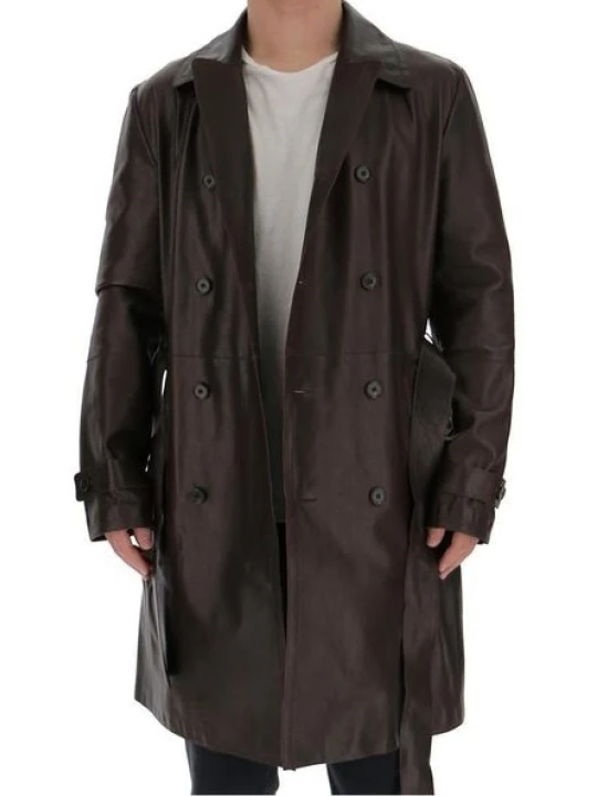 Men Real Sheepskin Dark Brown Leather Long Trench Coat