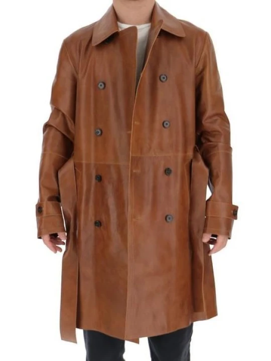 Men Real Sheepskin Vintage 2-Tone Brown Leather Long Trench Coat