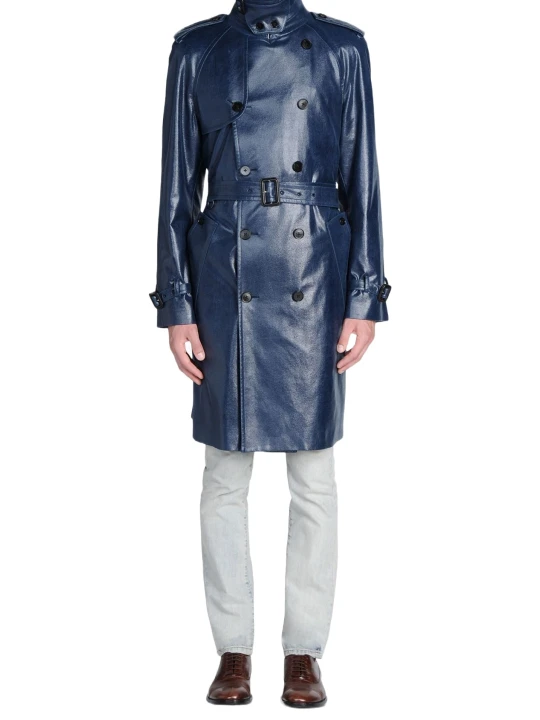 Men Stylish Real Sheepskin Blue Leather Long Trench Coat