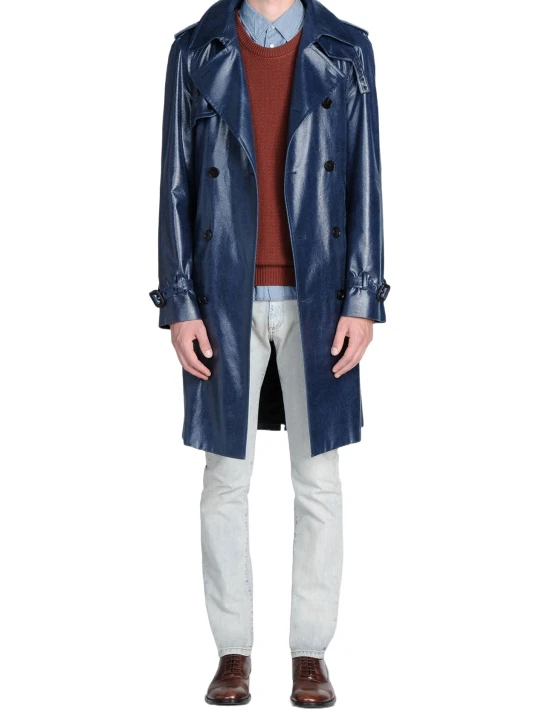 Men Stylish Real Sheepskin Blue Leather Long Trench Coat