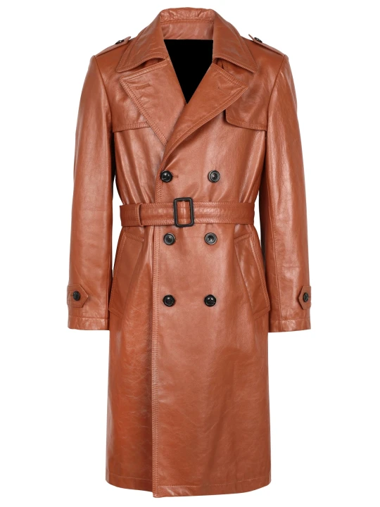 Men Stylish Real Sheepskin Brown Leather Long Trench Coat