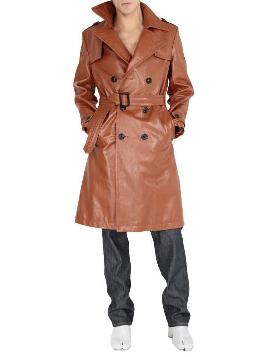 Men Stylish Real Sheepskin Brown Leather Long Trench Coat