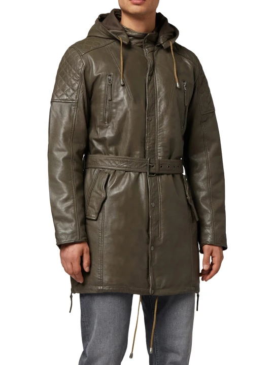 Mens Olive Green Leather Coat With Belt
