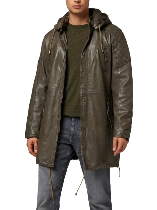 Mens Olive Green Leather Coat With Belt
