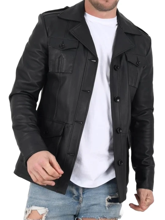 Notch Lapels Black Leather Coat