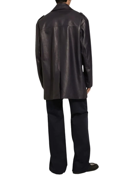 Peak Lapels Black Leather Longcoat