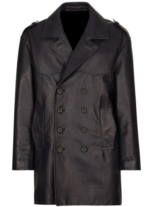 Peak Lapels Black Leather Longcoat