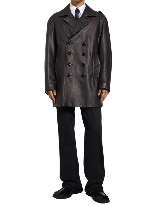 Peak Lapels Black Leather Longcoat
