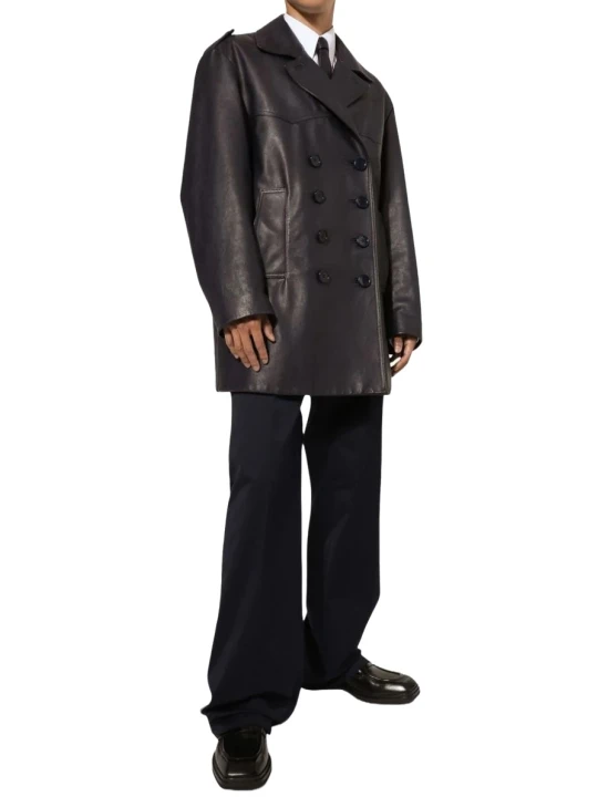 Peak Lapels Black Leather Longcoat