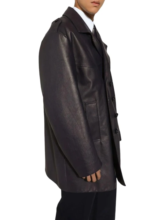 Peak Lapels Black Leather Longcoat