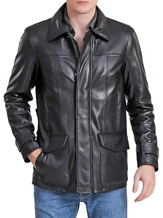 Zipper With Snap Closure Black Leather Coat