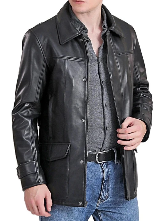Zipper With Snap Closure Black Leather Coat