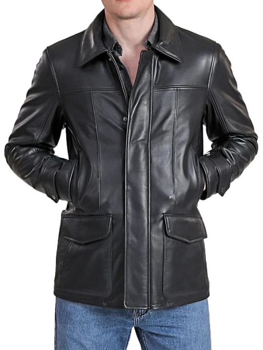 Zipper With Snap Closure Black Leather Coat