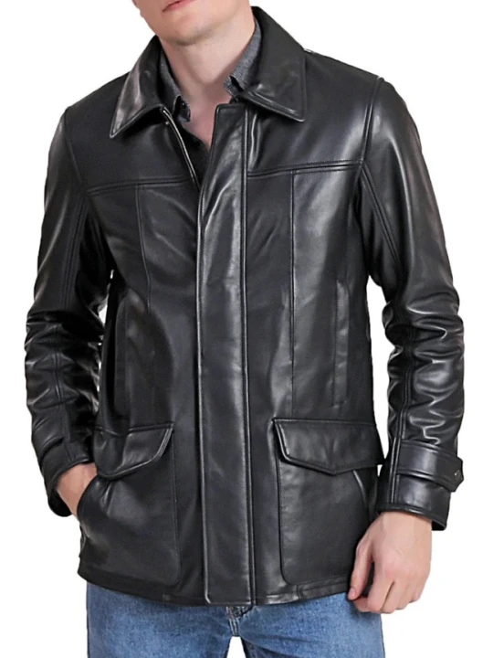 Zipper With Snap Closure Black Leather Coat