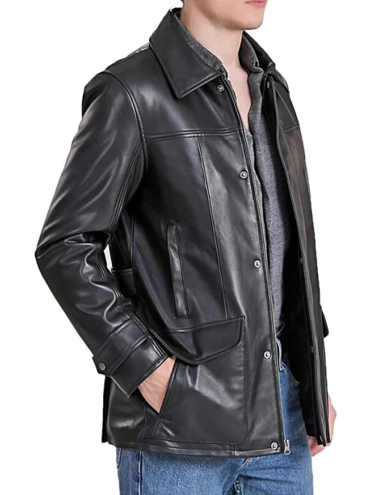 Zipper With Snap Closure Black Leather Coat