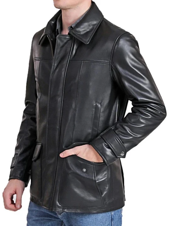 Zipper With Snap Closure Black Leather Coat