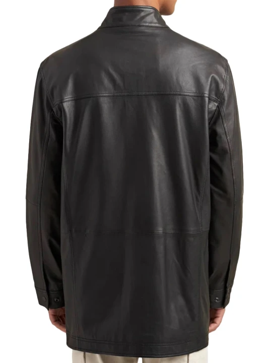 Zipper With Snaps Closure Black Leather Car Coat