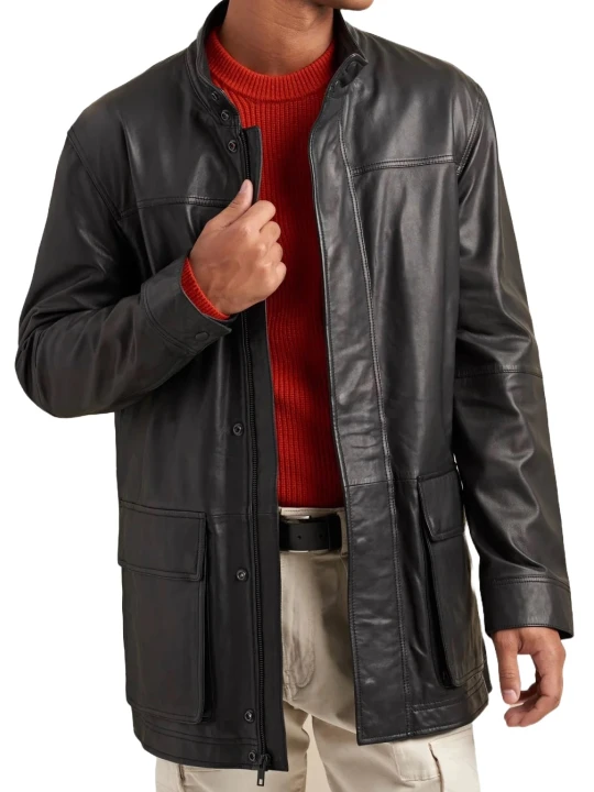 Zipper With Snaps Closure Black Leather Car Coat